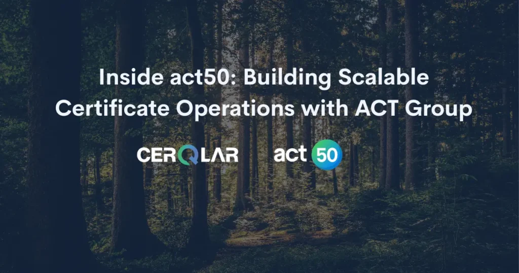 Forest scene with CerQlar and act50 logos; text describes scalable EAC certificate operations