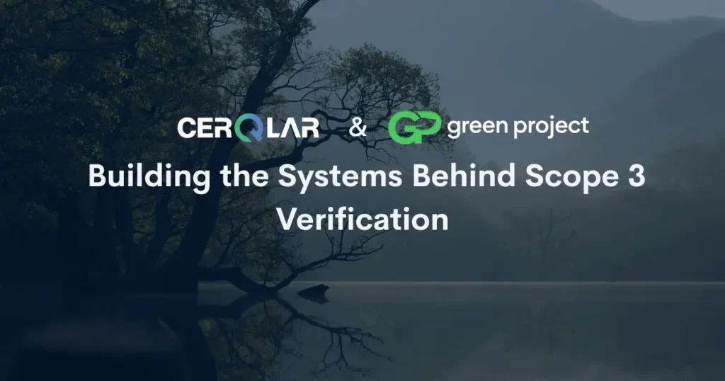 Tree-lined lake scene with CerQlar and Green Project logos; text highlights Scope 3 verification systems