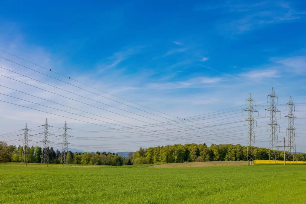 High-voltage power lines and pylons stretching across a green field with trees and a blue sky in the background